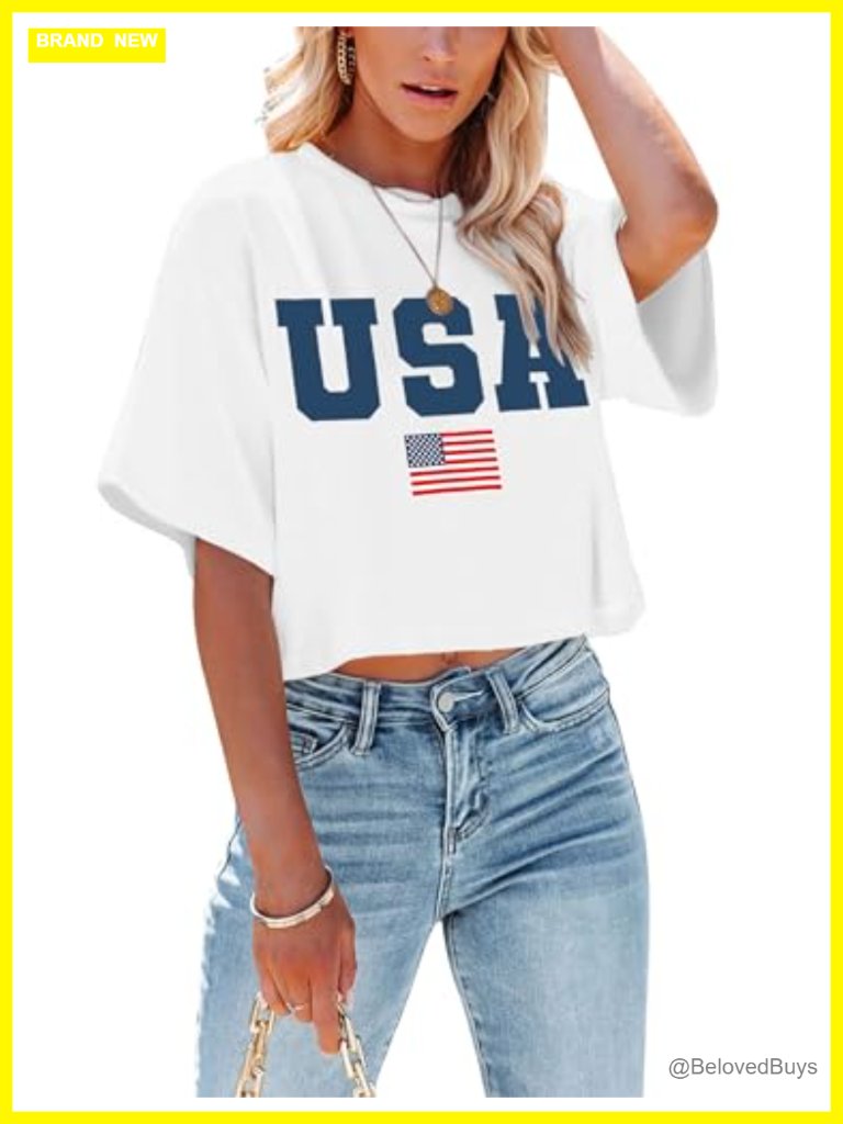 Patriotic Usa Crop Top T-Shirt American Flag Tee Memorial Day